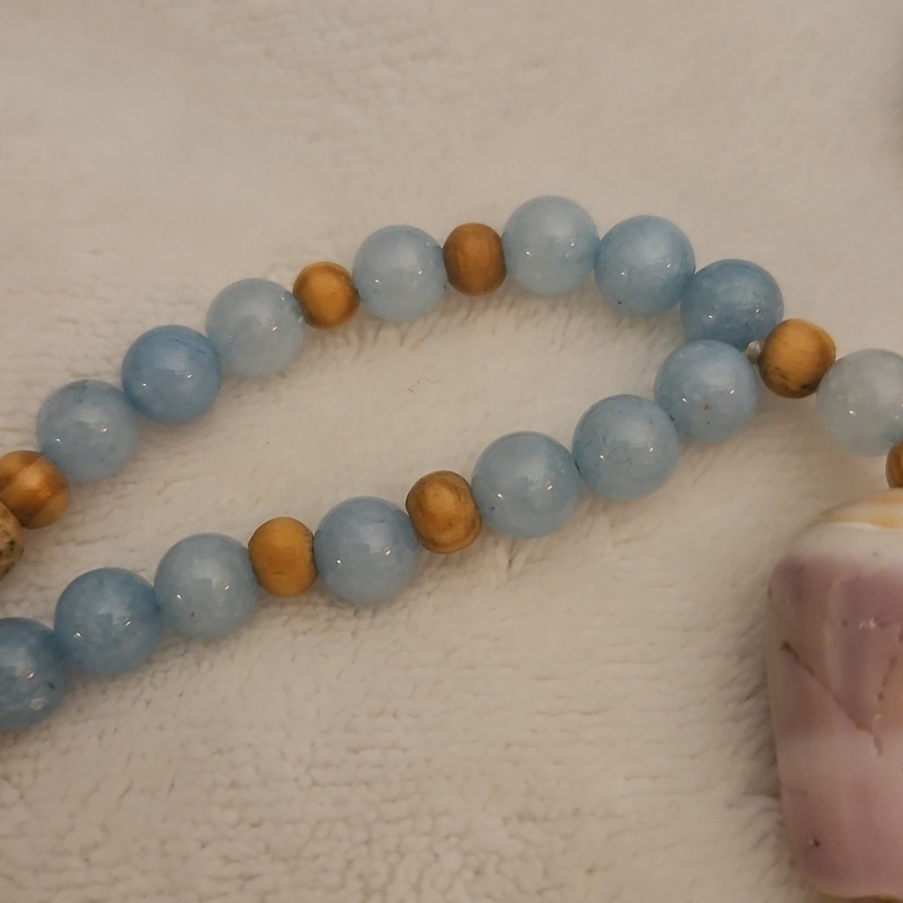 HANDMADE Jasper and Blue Quartz Beaded Shell Olive Wood Cross Prayer Rope - Picture 6 of 12